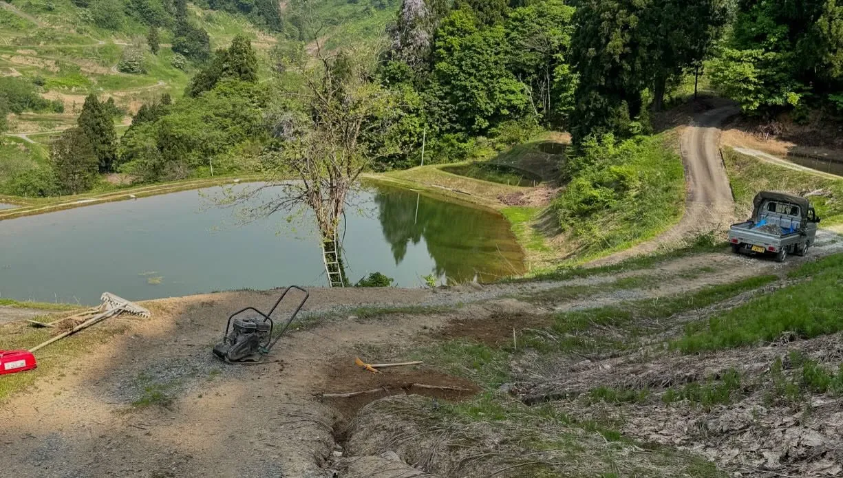 晴れ間を見て、山の道を直しました💦